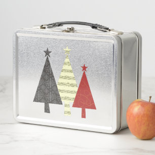 Pine Tree Black and Red Modern Geometric Christmas Metal Lunch Box
