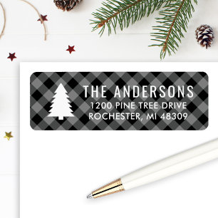 Pine Tree Black Grey Buffalo Plaid Holiday Address Return Address Label