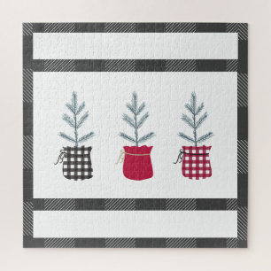 Pine Tree Black Red Holiday Country Plaid Jigsaw Puzzle