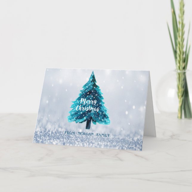 Pine Tree Blue Bokeh Christmas Holiday Card (Front)