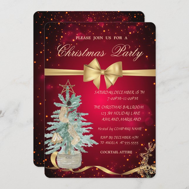 Pine Tree,Bow,Reindeer Christmas Party Invitation (Front/Back)