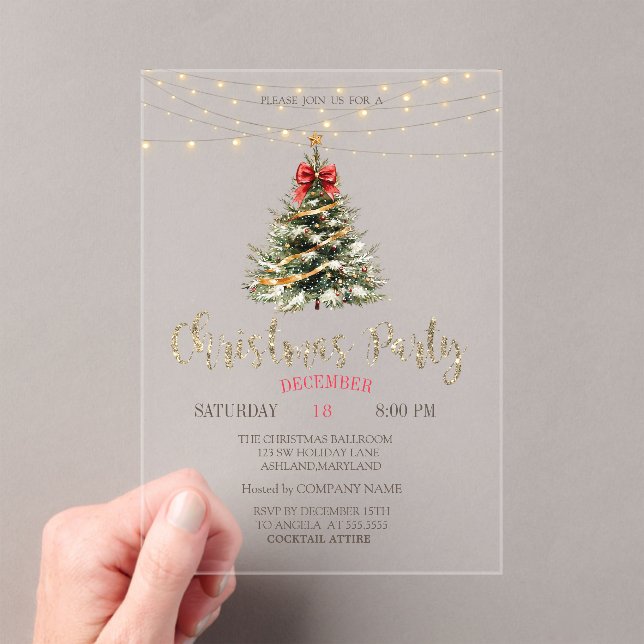 Pine Tree,Bow,String Lights Gold Christmas  Acrylic Invitations (Insitu (Handheld))