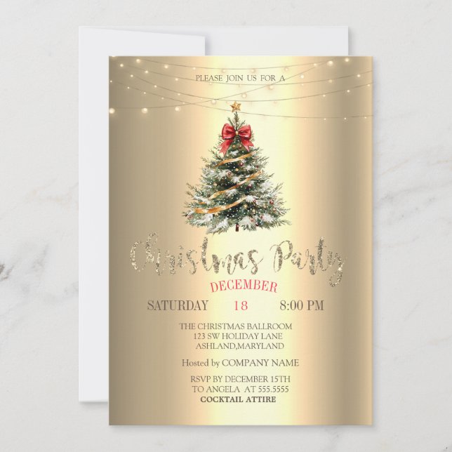 Pine Tree,Bow,String Lights Gold Christmas  Invitation (Front)