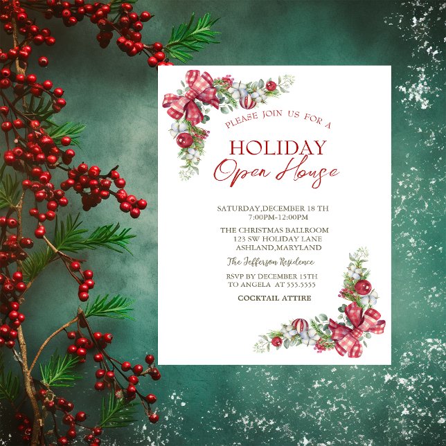 Pine Tree Branch,Ball,Bow Holiday Open House   Invitation (Creator Uploaded)