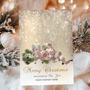 Pine Tree Branch Balls Candle Snowflakes Holiday Card