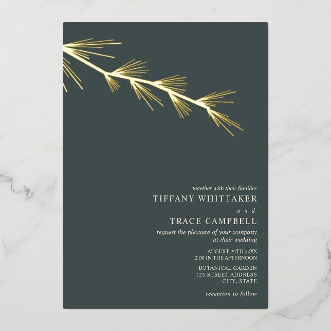 Pine Tree Branch Emerald Wedding Foil Invitation (Front)