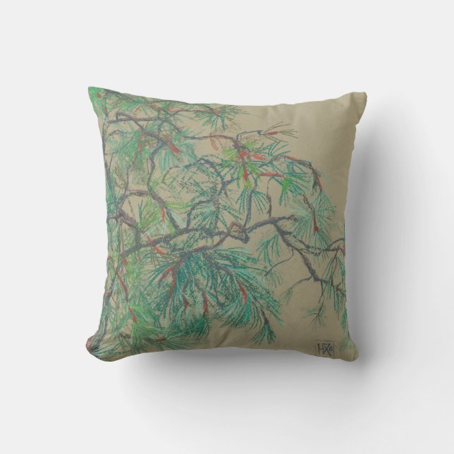"Pine-tree branch", pastel drawing in green tones Cushion (Front)