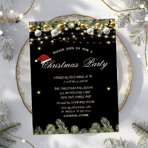 Pine Tree Branches Balls Black Christmas Company Invitation