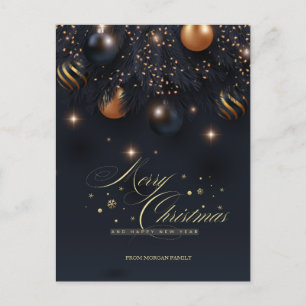 Pine Tree Branches,Balls Black Merry Christmas Holiday Postcard