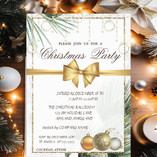 Pine Tree Branches,Balls,Bow Gold Christmas Party Invitation