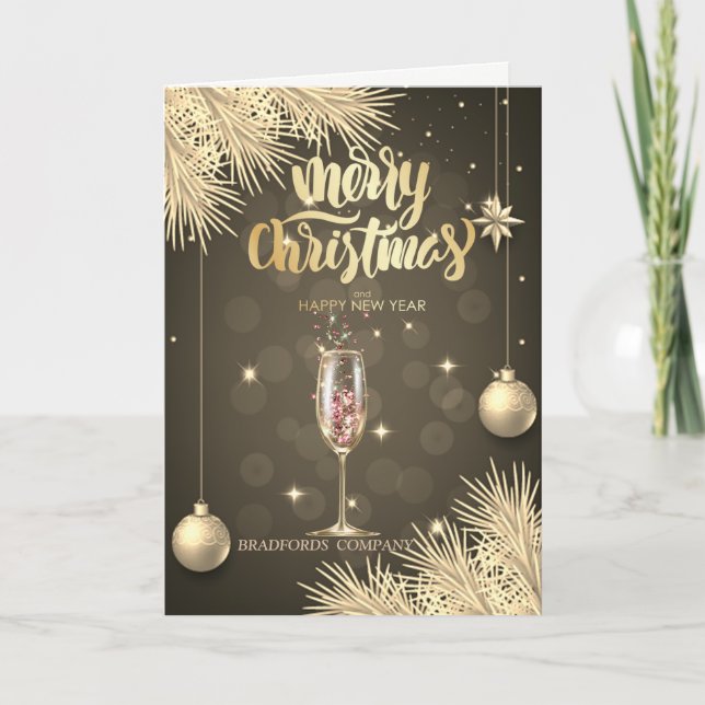 Pine Tree Branches, Balls,Champagne Glass Holiday Card (Front)