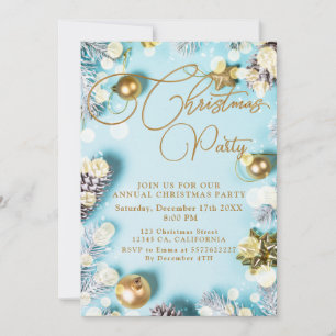 Pine Tree Branches,Balls,Gold Christmas Invitation