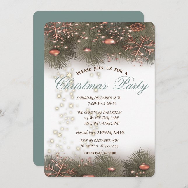 Pine Tree Branches,Balls,Lights,Christmas Party Invitation (Front/Back)