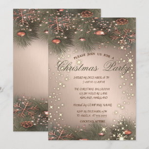 Pine Tree Branches,Balls,Rose Gold Christmas Party Invitation