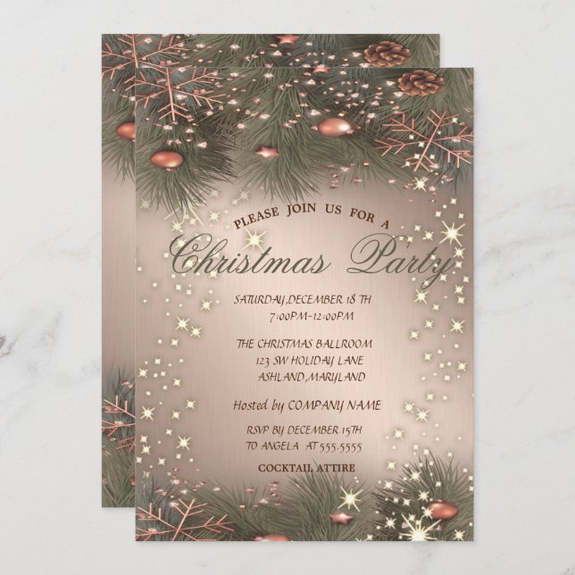 Pine Tree Branches,Balls,Rose Gold Christmas Party Invitation (Front/Back)