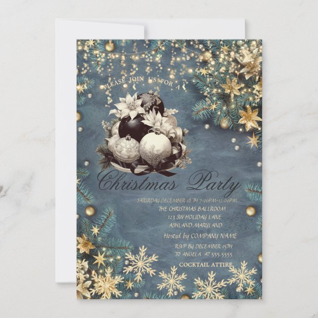 Pine Tree Branches,Balls,SnowflakChristmas Company Invitation (Front)