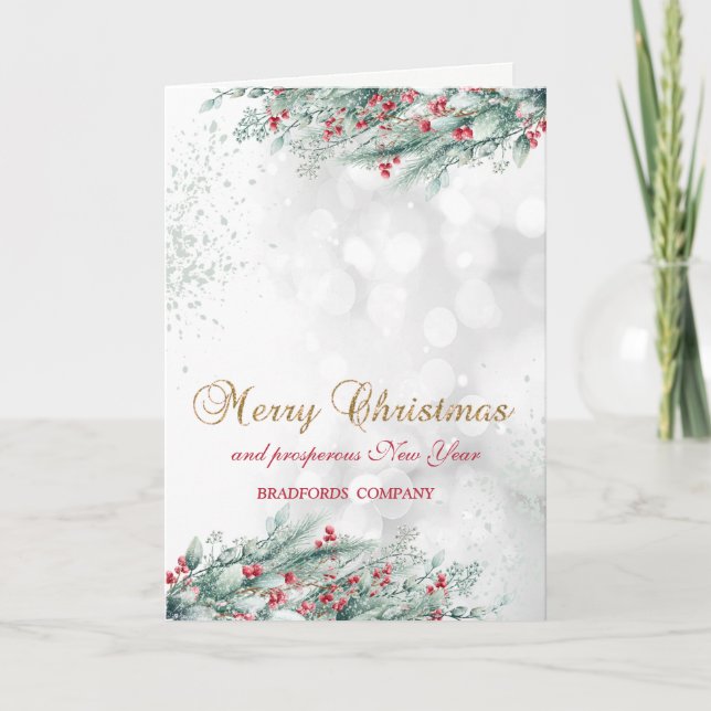 Pine Tree Branches Berries Bokeh Company Holiday Card (Front)