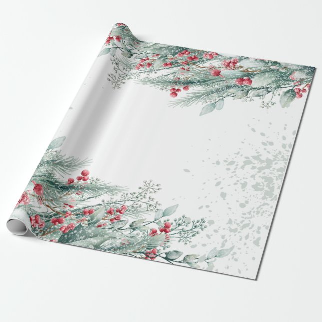 Pine Tree Branches Berries Holiday Wrapping Paper (Unrolled)