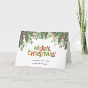 Pine Tree Branches, Holly Berries Company Christma Holiday Card