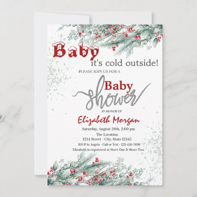 Pine Tree Branches Holly Berry Snow Baby Shower  Invitation (Front)