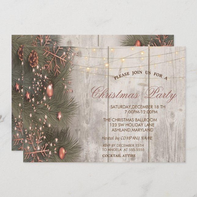 Pine Tree Branches Ornaments Wood Christmas Party Invitation (Front/Back)