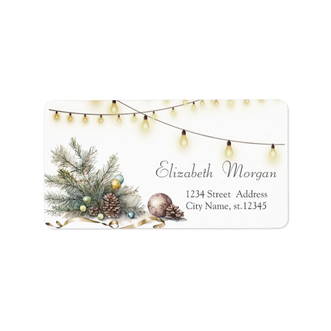 Pine Tree Branches,Pine cones,Balls,String Lights Label (Front)