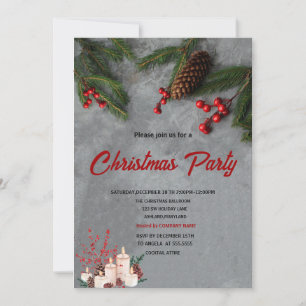 Pine Tree Branches Red Holly Berries Christmas Invitation