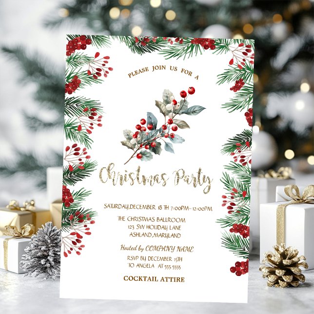 Pine Tree Branches Red Holly Berries Christmas  Invitation (Creator Uploaded)