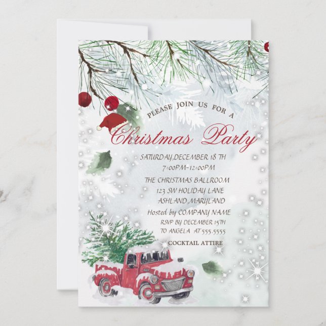 Pine Tree Branches Red Truck Company Party  Invitation (Front)