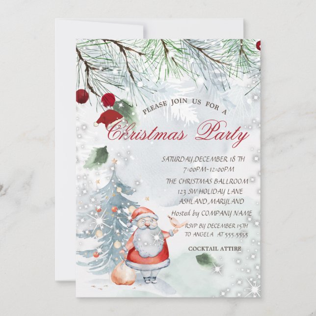 Pine Tree Branches Santa Claus Bird Christmas Invitation (Front)