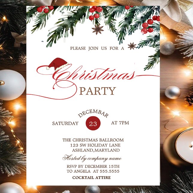 Pine Tree Branches Santa Hat,Company Christmas  Invitation (Creator Uploaded)