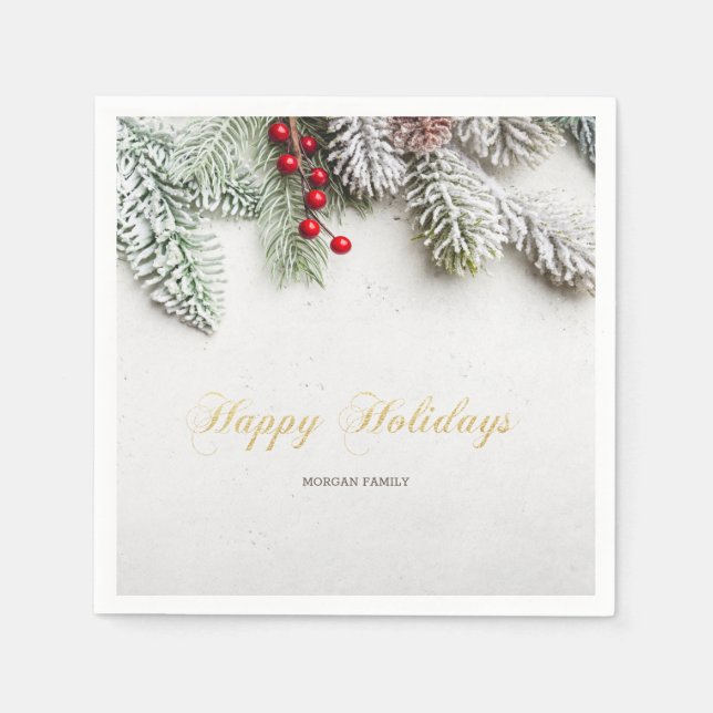 Pine Tree Branches Snow Christmas Napkin (Front)