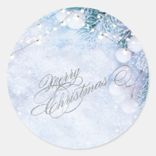 Pine Tree Branches,Snow String Lights  Classic Round Sticker
