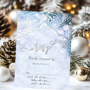 Pine Tree Branches,Snow String Lights RSVP  Invitation
