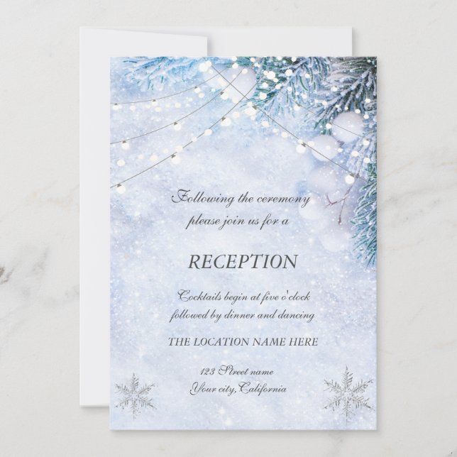 Pine Tree Branches,Snow String Lights Wedding  Invitation (Front)