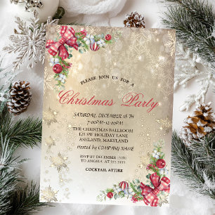 Pine Tree Branches Snowflakes Gold Party  Invitation