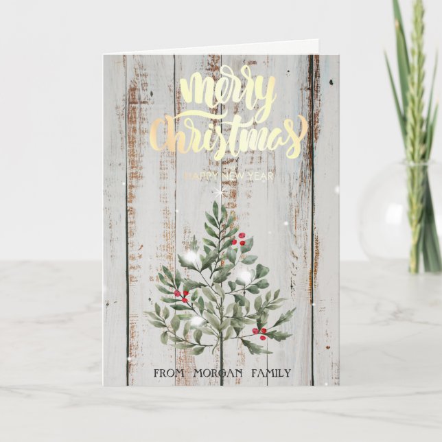  Pine Tree Branches Wood Merry Christmas Holiday Card (Front)