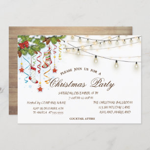 Pine tree Branches Wood,String Lights Christmas Invitation