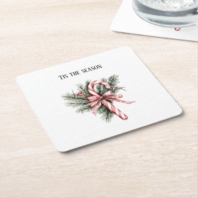 Pine Tree Candy Cane Red Christmas Square Paper Coaster (Angled)