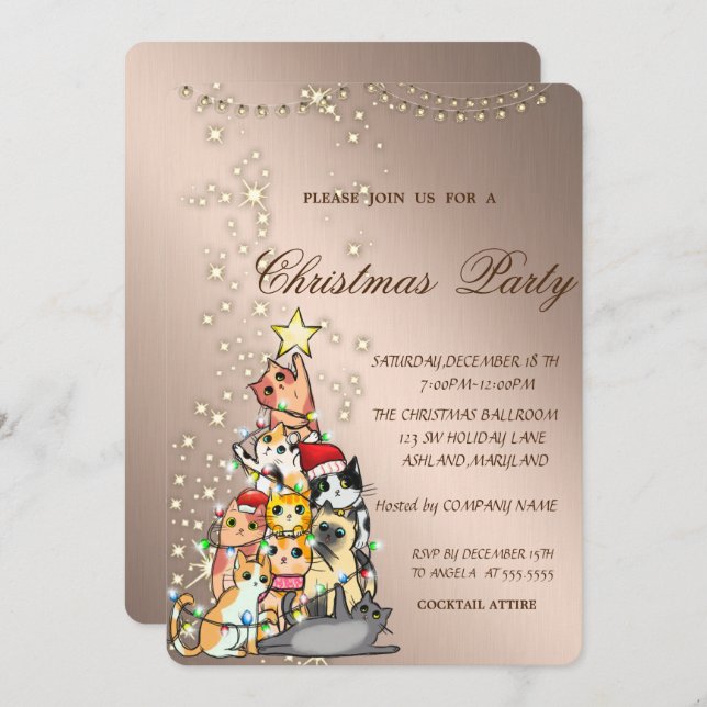 Pine Tree Cats,Sparkle,Lights,Christmas Party  Invitation (Front/Back)