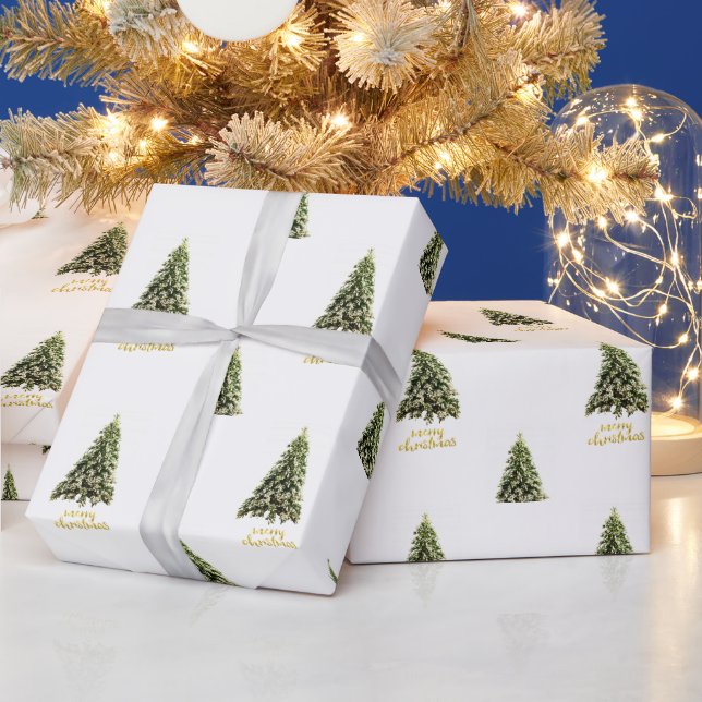 Pine Tree Christmas  Gold Merry Christmas   Wrapping Paper (Holidays)