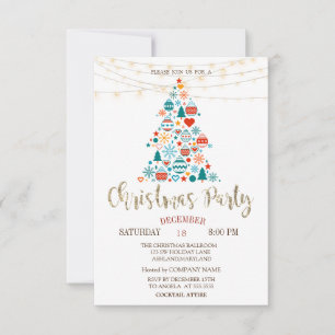 Pine Tree,Colourful Balls,Wood Christmas Party Invitation