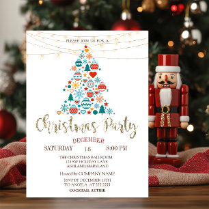 Pine Tree,Colourful Balls,Wood Christmas Party Invitation