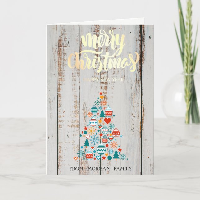 Pine Tree Colourful Balls Wood Merry Christmas Holiday Card (Front)