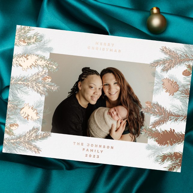 Pine Tree Cones Merry Christmas Photo ROSE GOLD Foil Holiday Card (Creator Uploaded)