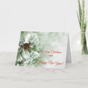 Pine tree covered with snow holiday card