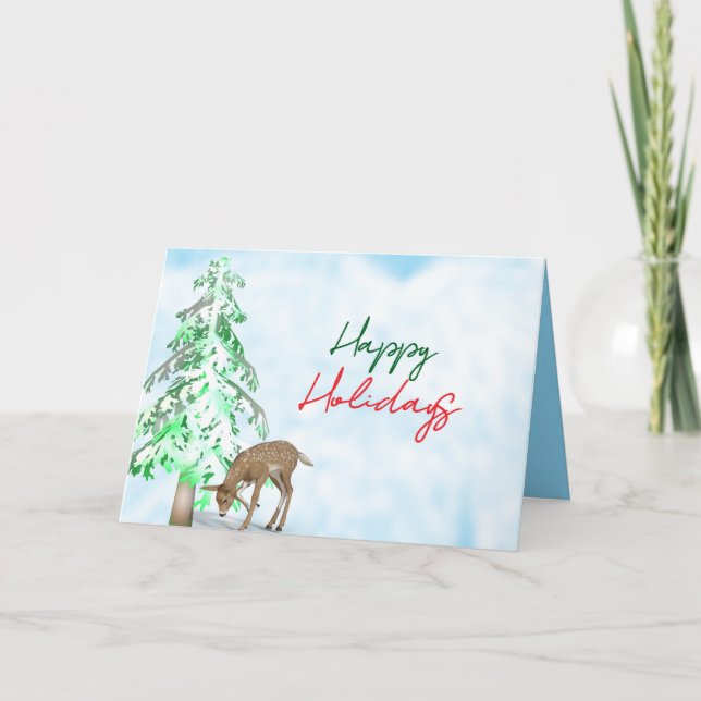 Pine Tree, Deer, Corporate Holiday Greeting Card (Front)