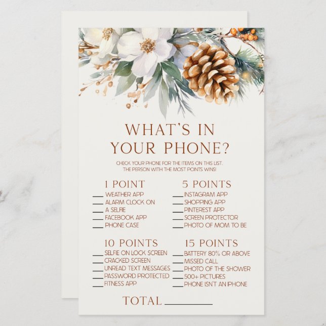 Pine Tree Floral In Your Phone Baby Shower Game (Front/Back)
