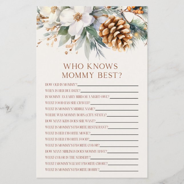 Pine Tree Floral Who Knows Mummy Baby Shower Game (Front)