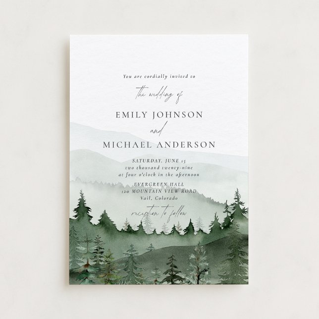 Pine tree, foggy mountais Rustic Wedding  Invitation (Creator Uploaded)